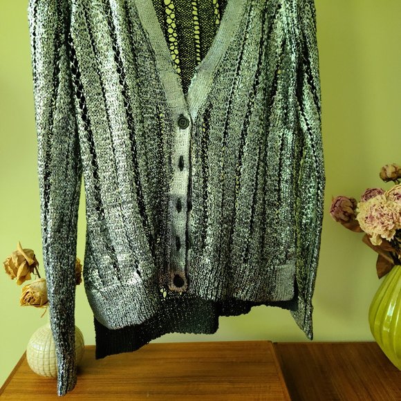 Metallic Silver Knitted Cardigan Sweater - Picture 2 of 8